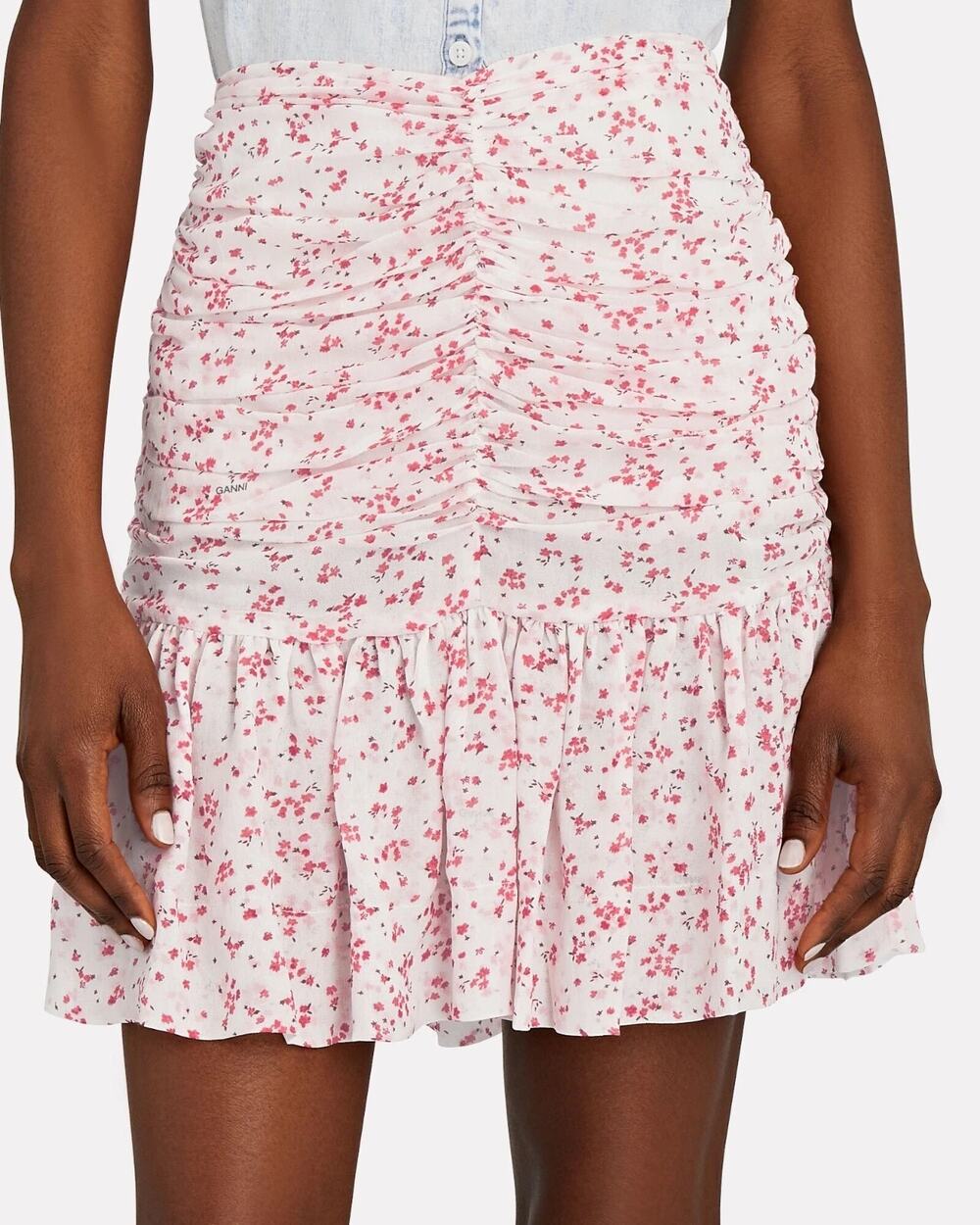 Ganni Georgetti Floral Print High Waisted Ruched Mini Skirt Pink White 34